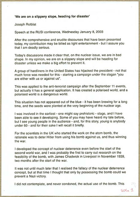 Joseph Rotblat speech Jan 8, 2003