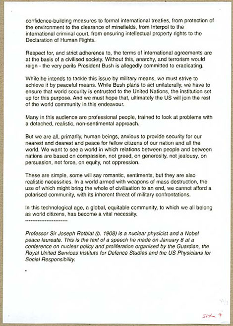 Joseph Rotblat speech Jan 8, 2003