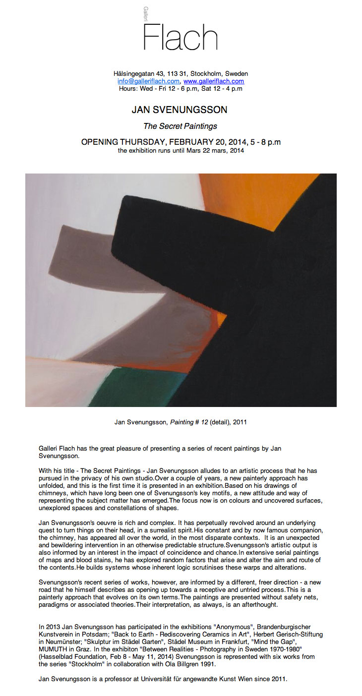 invitation exhibition jan svenungsson: "The Secret Paintings" at Galleri Flach, Stockholm 2014